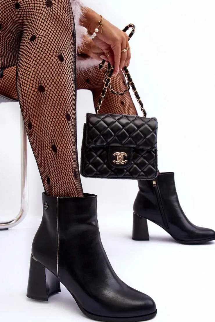 Damskie Boto Skórzane Botki Na Słupku Czarne Popilla