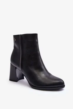 Damskie Boto Skórzane Botki Na Słupku Czarne Popilla