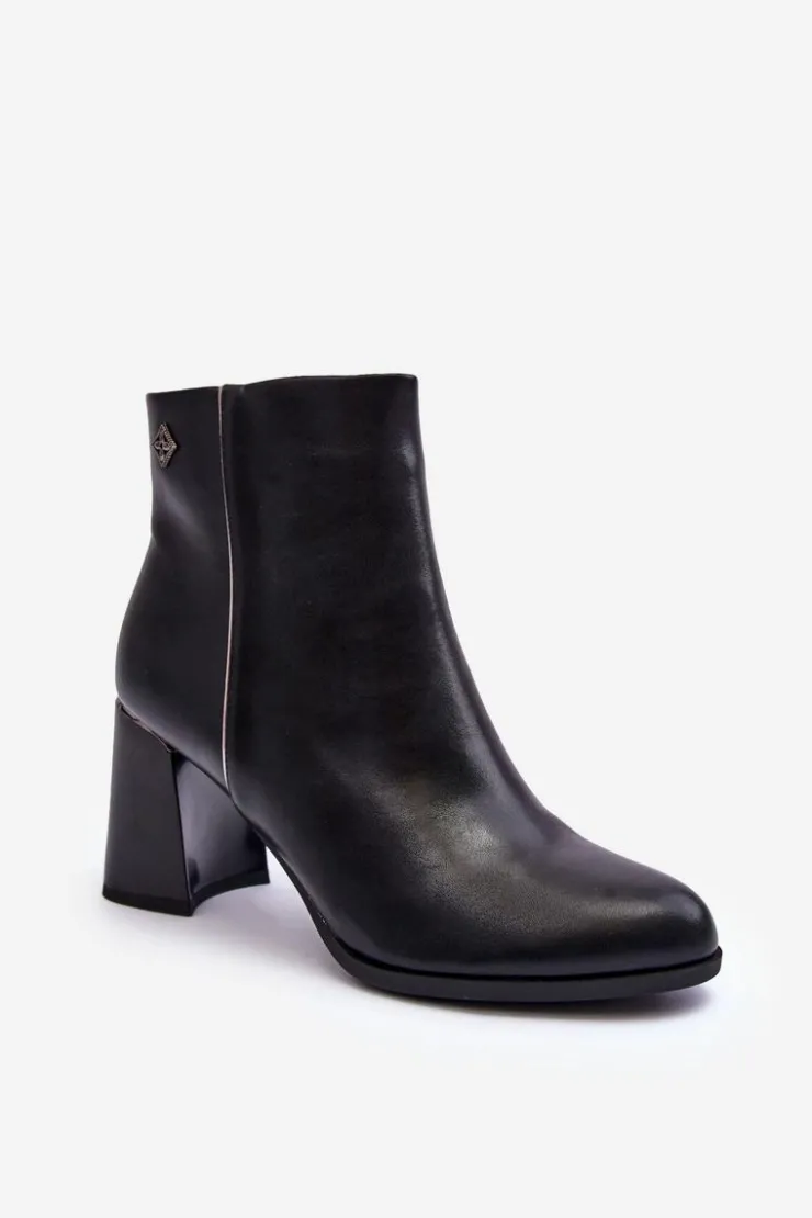 Damskie Boto Skórzane Botki Na Słupku Czarne Popilla