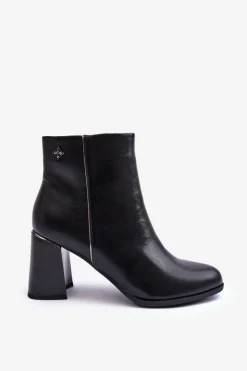 Damskie Boto Skórzane Botki Na Słupku Czarne Popilla