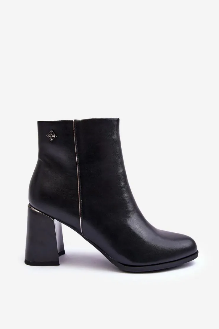 Damskie Boto Skórzane Botki Na Słupku Czarne Popilla