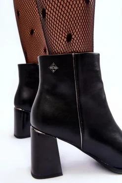 Damskie Boto Skórzane Botki Na Słupku Czarne Popilla