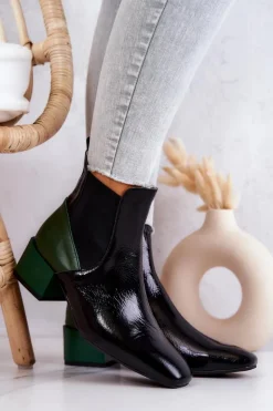 Damskie Boto Skórzane Botki Na Słupku Czarno-Zielone Kailey