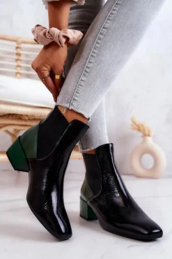 Damskie Boto Skórzane Botki Na Słupku Czarno-Zielone Kailey