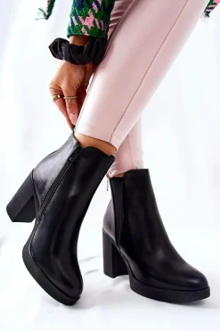 Damskie Boto Skórzane Botki Na Słupku Czarne Linari