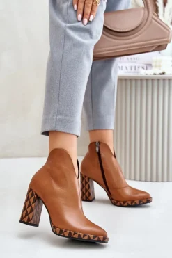 Hot Laura Messi Skórzane Botki Na Słupku 2836 Brązowe