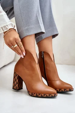 Hot Laura Messi Skórzane Botki Na Słupku 2836 Brązowe