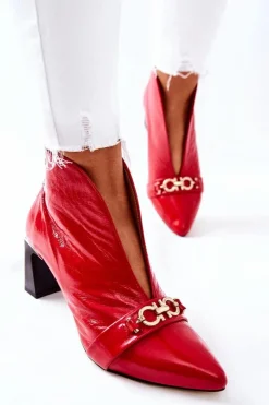 Damskie Maciejka Skórzane Botki Na Słupku Czerwone 05262-08