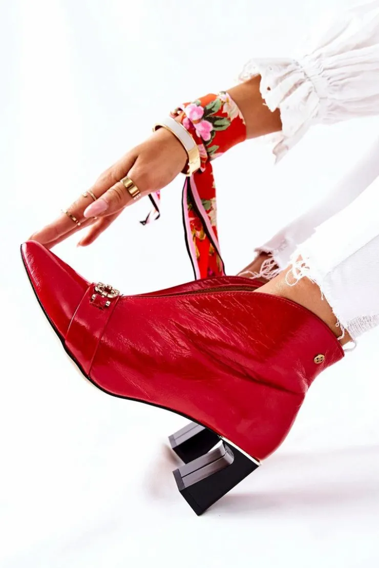 Damskie Maciejka Skórzane Botki Na Słupku Czerwone 05262-08