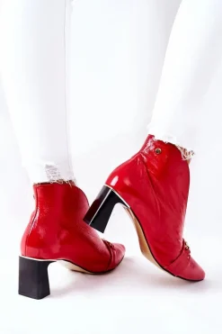 Damskie Maciejka Skórzane Botki Na Słupku Czerwone 05262-08