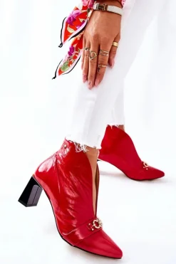 Damskie Maciejka Skórzane Botki Na Słupku Czerwone 05262-08