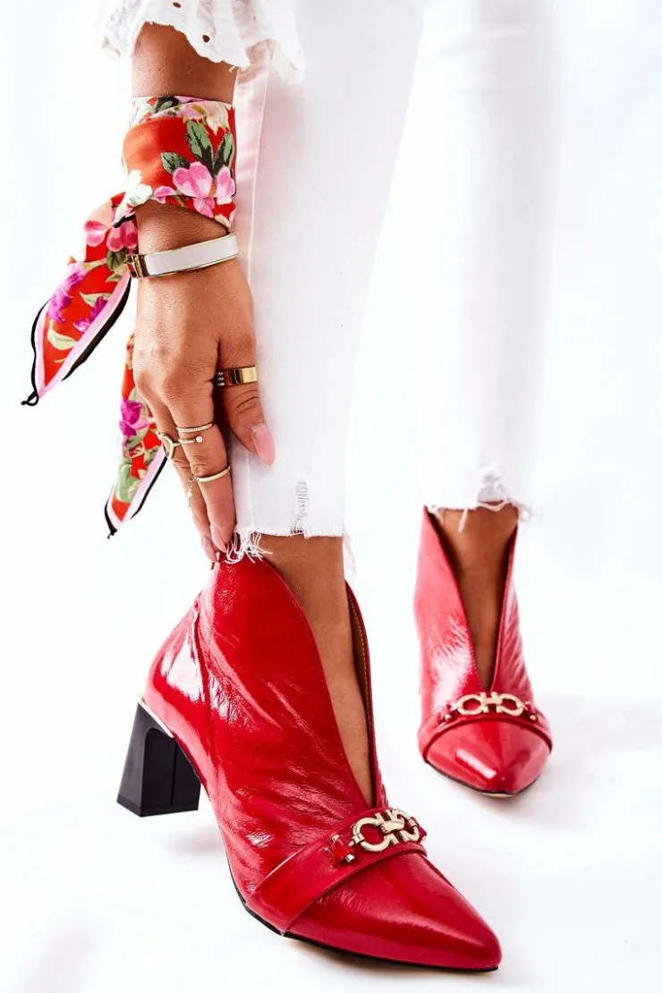 Damskie Maciejka Skórzane Botki Na Słupku Czerwone 05262-08