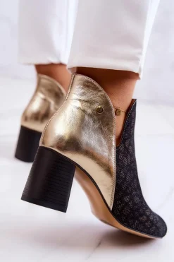 Maciejka Botki Wiosenne|Botki Maciejka*Skórzane Botki Na Słupku 05507-01 Czarno-Złote