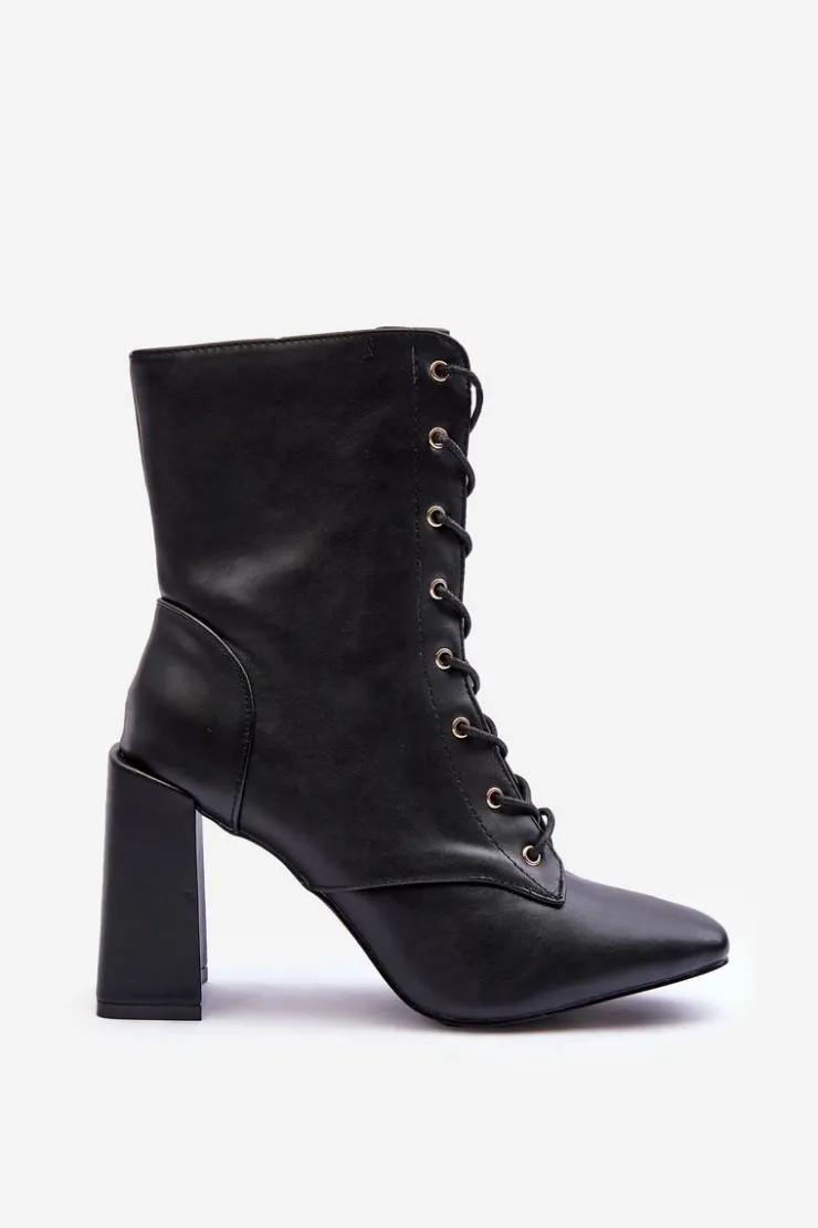 Clearance Boto Skórzane Botki Na Słupku Sznurowane Czarne Divani