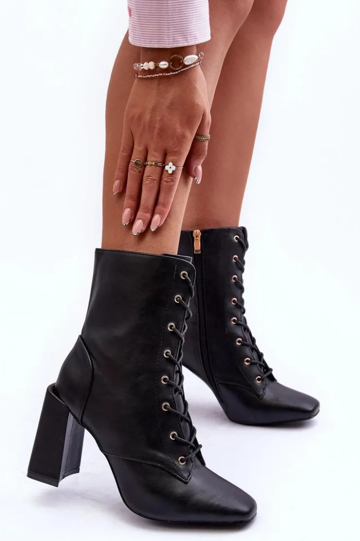 Clearance Boto Skórzane Botki Na Słupku Sznurowane Czarne Divani