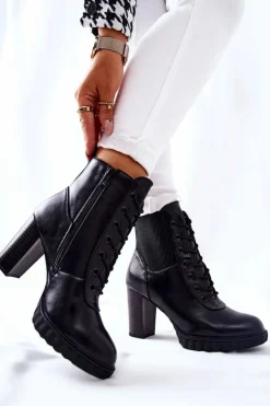 Damskie Boto Skórzane Botki Na Słupku Wysokie Czarne Joyte