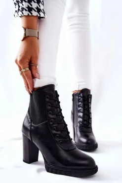 Damskie Boto Skórzane Botki Na Słupku Wysokie Czarne Joyte