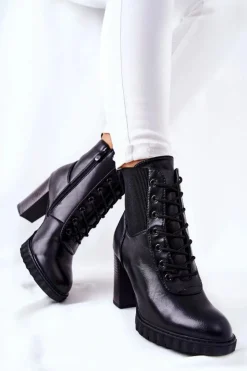 Damskie Boto Skórzane Botki Na Słupku Wysokie Czarne Joyte