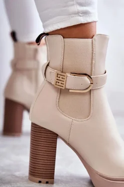Damskie Boto Skórzane Botki Na Słupku Z Ozdobnym Paskiem Beżowe Maresol