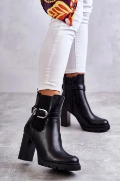 Damskie Boto Skórzane Botki Na Słupku Z Ozdobnym Paskiem Czarne Maresol