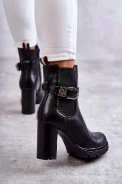 Damskie Boto Skórzane Botki Na Słupku Z Ozdobnym Paskiem Czarne Maresol