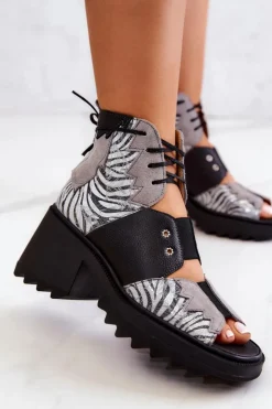 Best Maciejka Skórzane Botki Na Suwak 05321-03 Szaro-Czarne