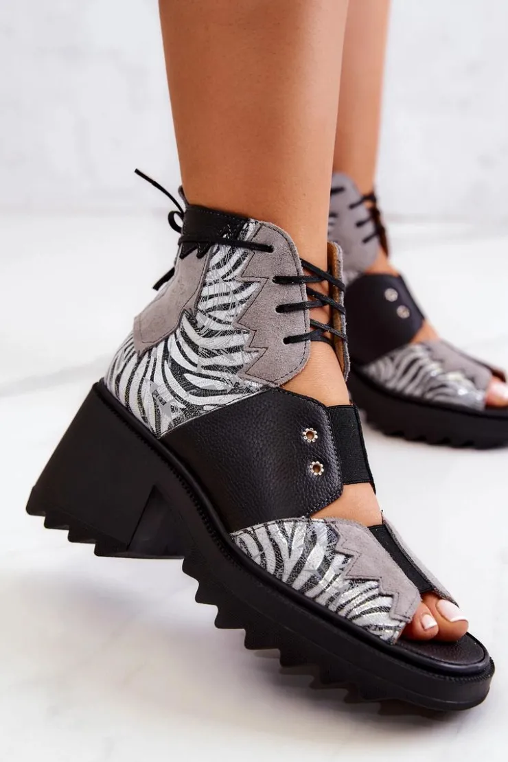 Best Maciejka Skórzane Botki Na Suwak 05321-03 Szaro-Czarne