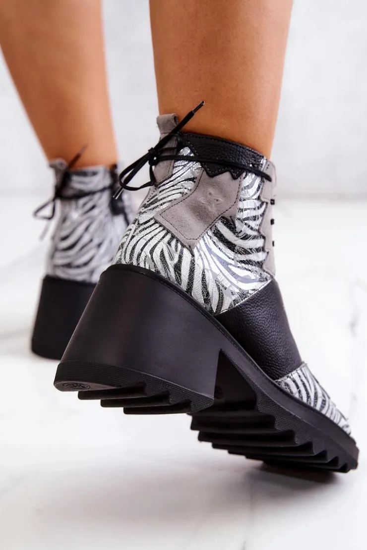 Best Maciejka Skórzane Botki Na Suwak 05321-03 Szaro-Czarne