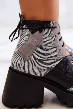 Best Maciejka Skórzane Botki Na Suwak 05321-03 Szaro-Czarne