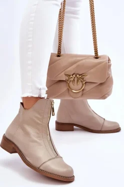 Sale Zazoo Skórzane Botki Na Suwak Nicole 2785/008 Beżowe