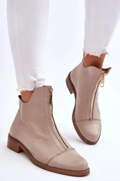 Sale Zazoo Skórzane Botki Na Suwak Nicole 2785/008 Beżowe