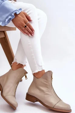 Sale Zazoo Skórzane Botki Na Suwak Nicole 2785/008 Beżowe