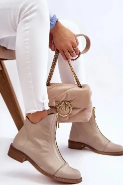 Sale Zazoo Skórzane Botki Na Suwak Nicole 2785/008 Beżowe