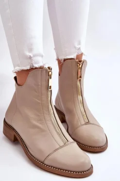 Sale Zazoo Skórzane Botki Na Suwak Nicole 2785/008 Beżowe