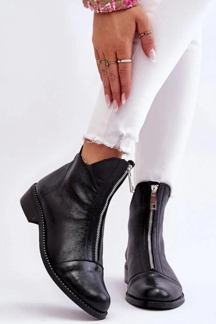 Outlet Zazoo Skórzane Botki Na Suwak Nicole 2785/037 Czarne Czarny