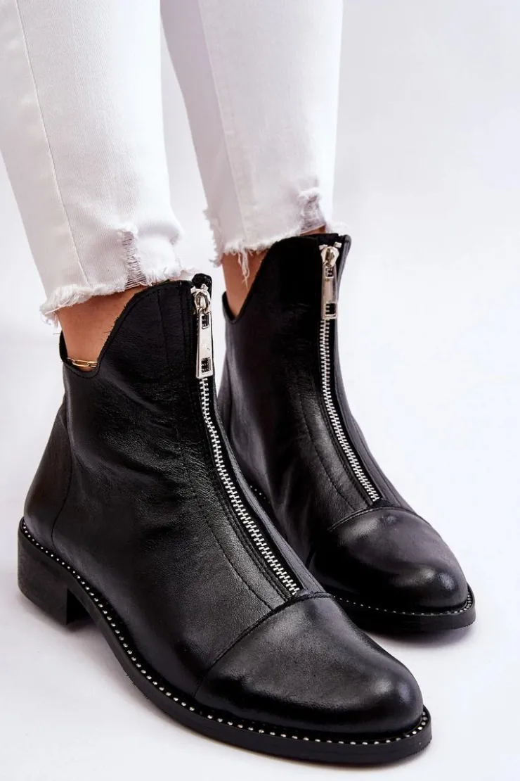 Outlet Zazoo Skórzane Botki Na Suwak Nicole 2785/037 Czarne Czarny