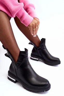 Boto Czarne Botki|Botki Płaskie*Skórzane Botki Na Suwak Z Wycięciami Czarne Flicha