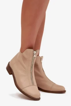 New Zazoo Skórzane Botki Na Suwak 2785/079 Beżowe Beżowy