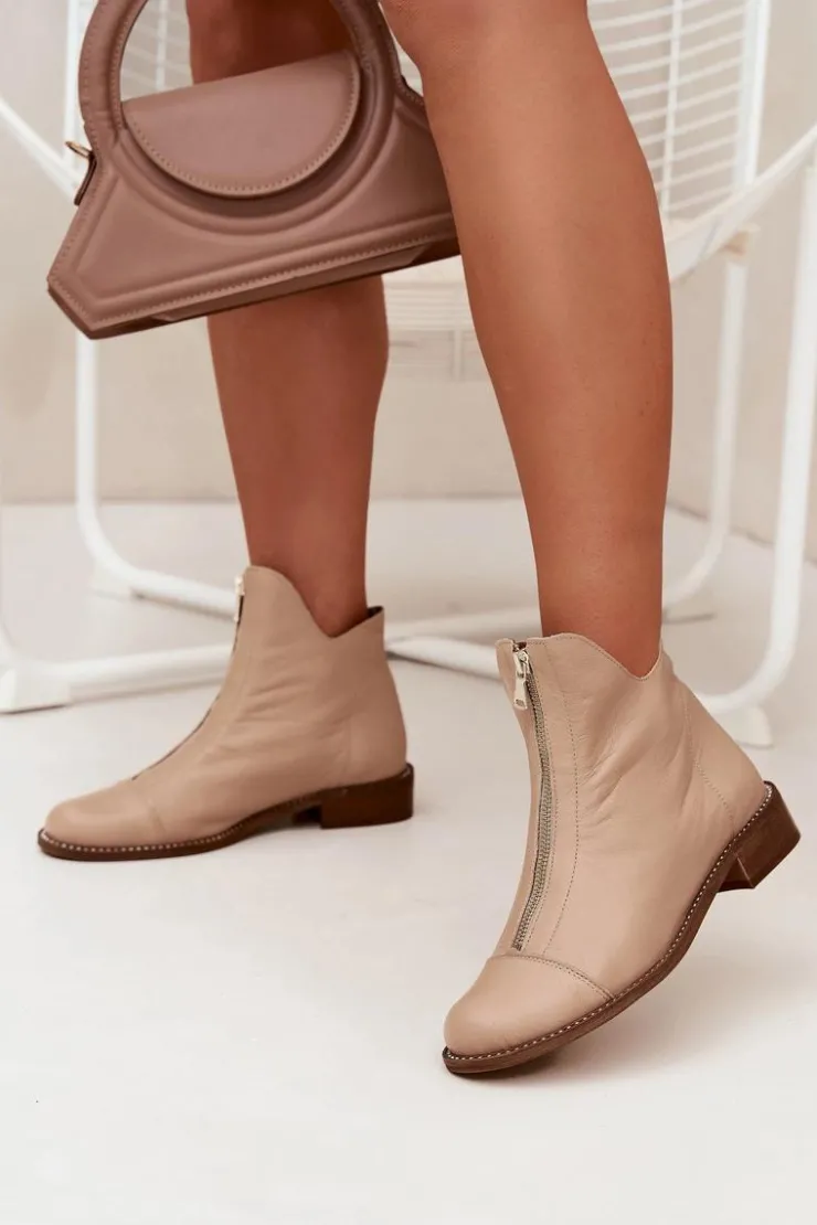 New Zazoo Skórzane Botki Na Suwak 2785/079 Beżowe Beżowy