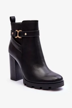 Damskie Boto Skórzane Botki Na Wysokim Słupku Czarne Liani