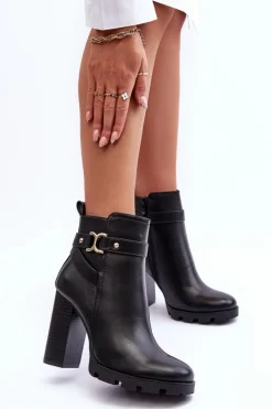 Damskie Boto Skórzane Botki Na Wysokim Słupku Czarne Liani