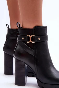 Damskie Boto Skórzane Botki Na Wysokim Słupku Czarne Liani