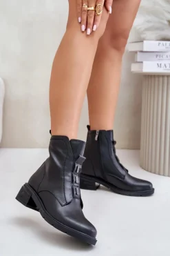 Damskie Evento Skórzane Botki Na Zamek Ocieplane Czarne Olidrila