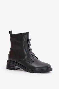 Damskie Evento Skórzane Botki Na Zamek Ocieplane Czarne Olidrila