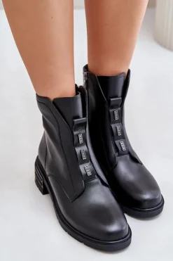 Damskie Evento Skórzane Botki Na Zamek Ocieplane Czarne Olidrila