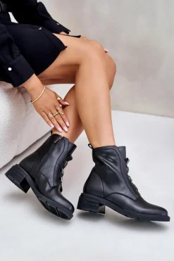 Damskie Evento Skórzane Botki Na Zamek Ocieplane Czarne Olidrila