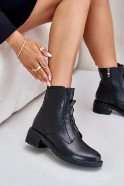 Damskie Evento Skórzane Botki Na Zamek Ocieplane Czarne Olidrila