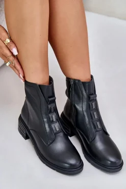 Damskie Evento Skórzane Botki Na Zamek Ocieplane Czarne Olidrila