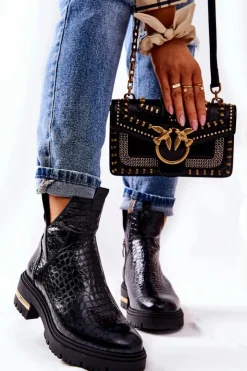 Damskie Boto Skórzane Botki Ocieplane Krokodyl Czarne Tanya