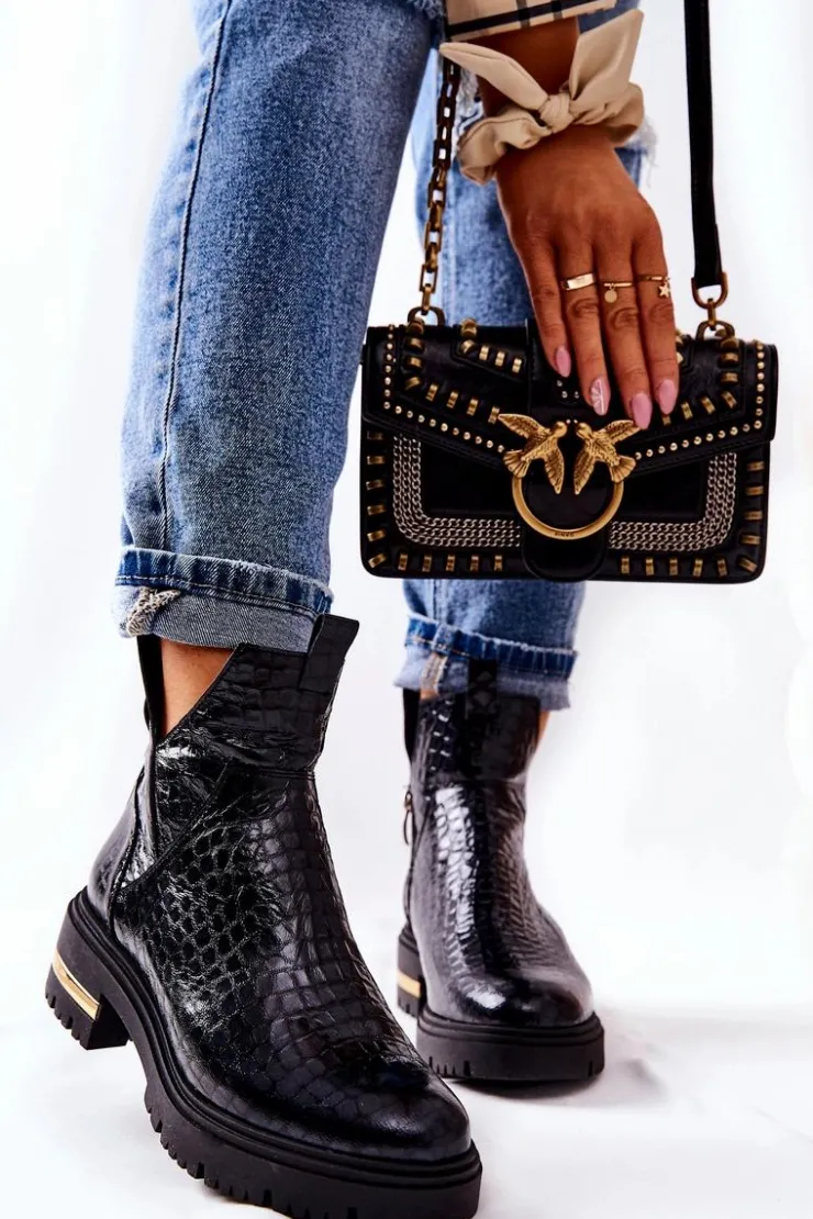 Damskie Boto Skórzane Botki Ocieplane Krokodyl Czarne Tanya